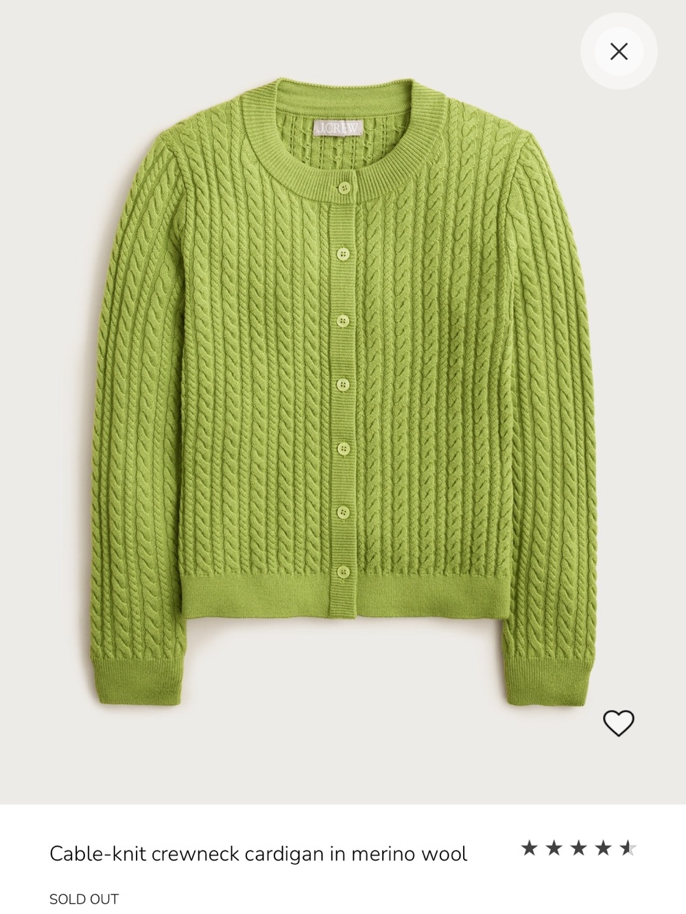 J. Crew Cable-Knit Crewneck Cardigan — August Peridot